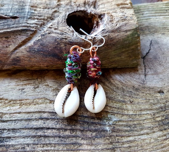 Cowrie Shells Earrings Copper Hippy Jewellery Dangle Recycled Fabric Ear  Rings Artisan Wire Wrap Jewelry Sari Festival Batik Hippie
