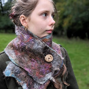 Hand Felted Scarf Neck Wrap Felt Neckwarmer Shawl Merino Wool Recycled Silk Wet Felted Brown Fiber Art Autumn Winter Deep Woodland Button