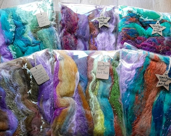 Hand Dyed ART BATT Spinning Fiber Carded Batts Handspinning Supplies Fibre Wool Silk Merino Recycled Sari Silk Angelina Felting Handspun