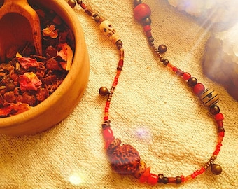 Red Lunar Beaded Necklace Moon Jewelry Bohemian Artisan Jewellery Skull Red Beads Bone Wood Glass Natural Primitive Boho Red Tent