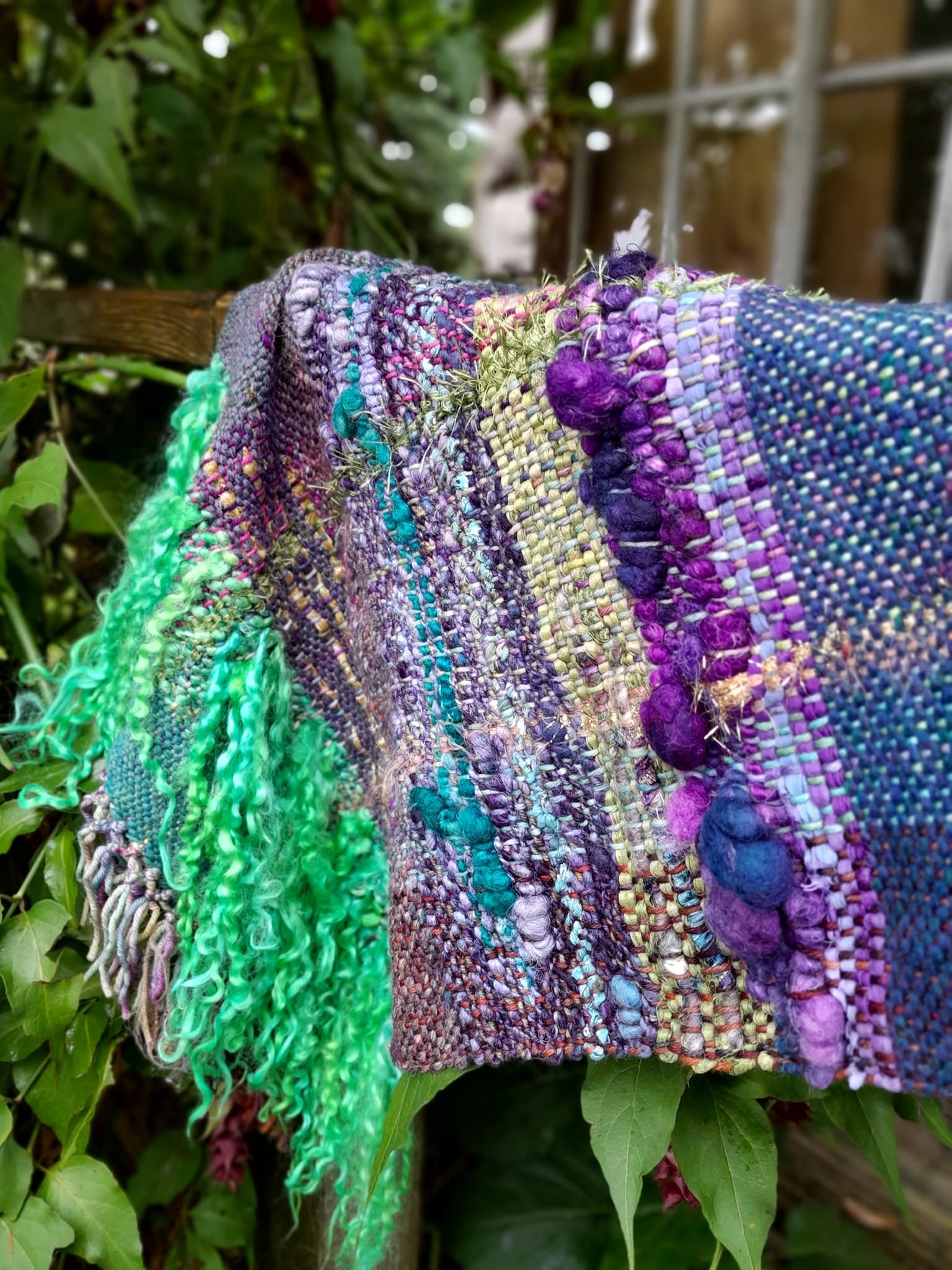 Handwoven Shawl Rainbow Jester Wrap Handspun Art Yarn Bells Handwoven Shawl Rainbow Jester Wrap Handspun Art Yarn Bells