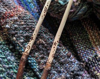 Woodland Knitting Needles - Magical Hand Crafted Carved Rustic Spirals Stars Knit Needles Knitters Forest Pixie Magic Wool Craft Natural