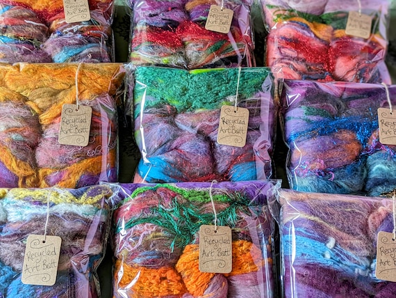 SuRpRiSe RECYCLED BATT Wild Fiber ART Rainbow Scrap Yarn Spinning Fiber Textured Roving Merino Wool Recycled Sari Silk Handspun Art Yarn