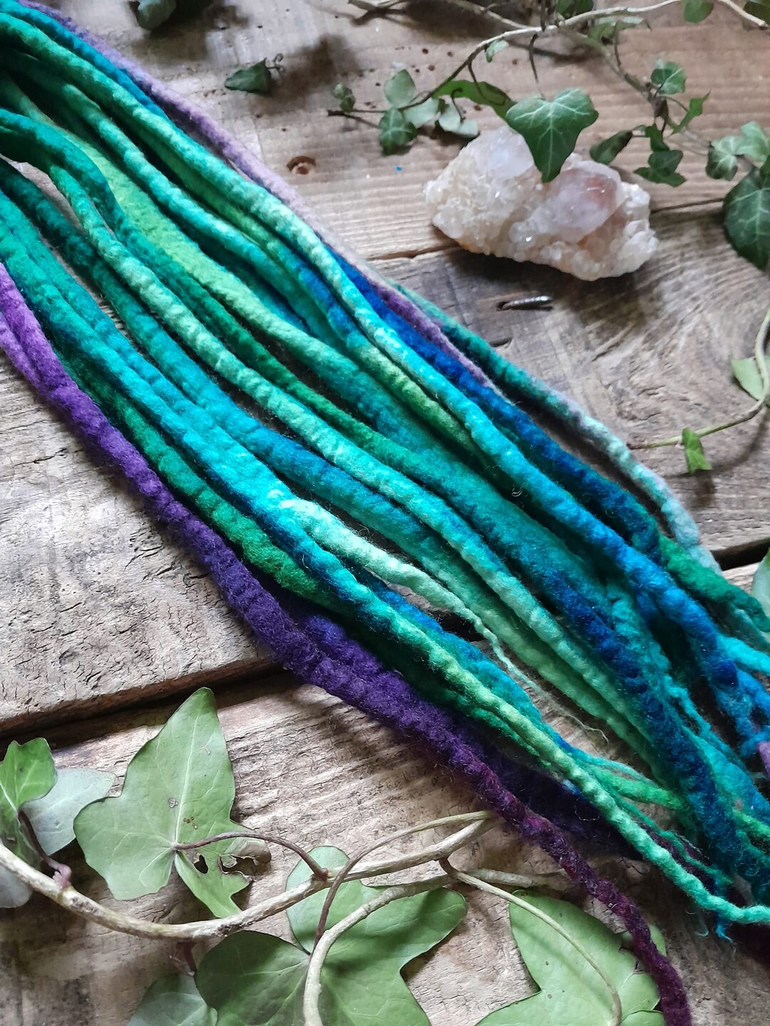 Set of 10 Double Ended DREADLOCKS Blue Green Purple Forest Rainbow Hand Dyed DE Dreads Felted