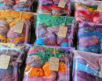 SuRpRiSe RECYCLED BATT Wild Fiber ART Rainbow Scrap Yarn Spinning Fiber Textured Roving Merino Wool Recycled Sari Silk Handspun Art Yarn