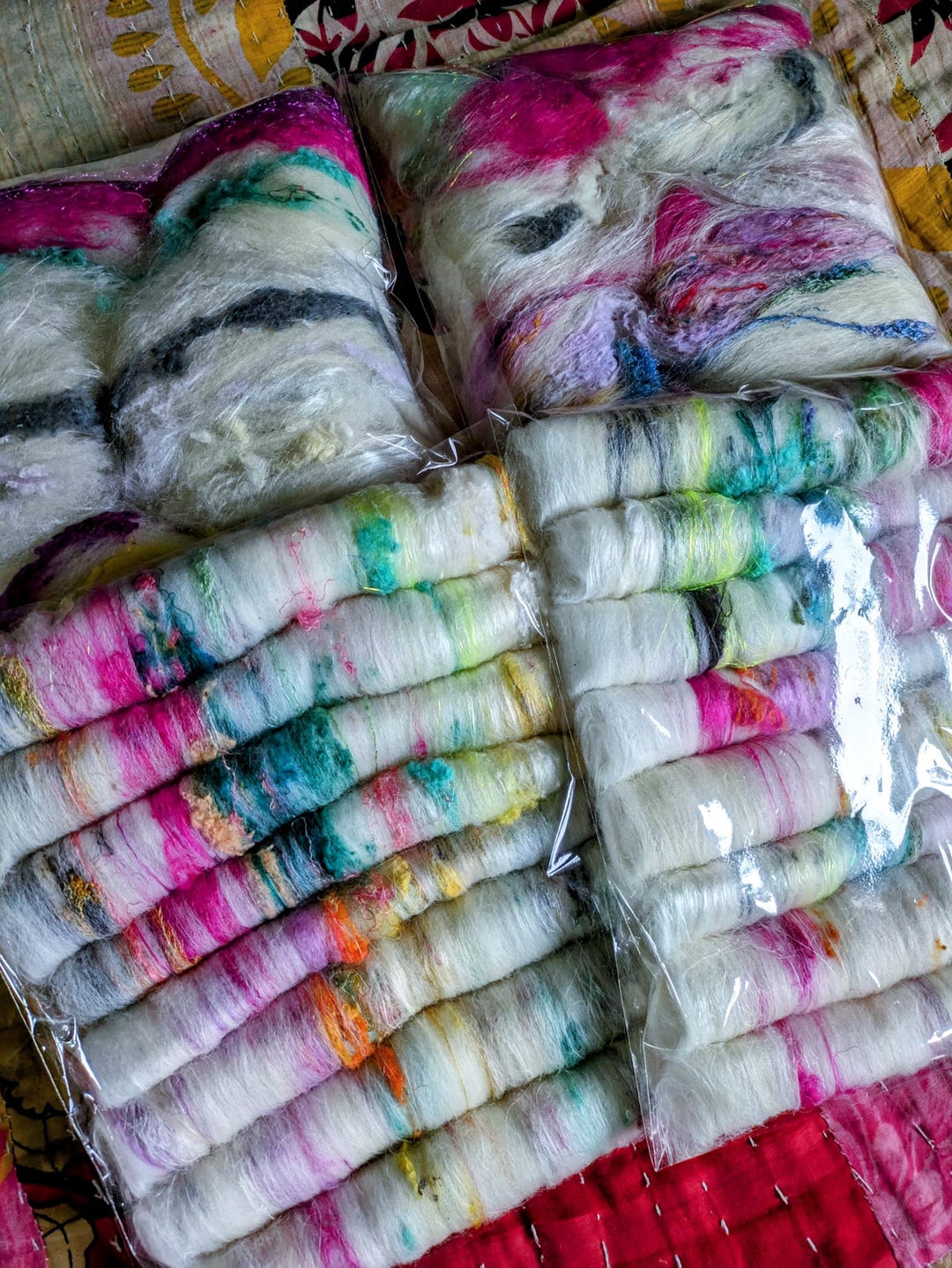 Art Batt or Rolags Natural White Wool With Rainbow Recycled Silk Hemp ...