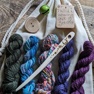 Wild Woodland Weaving Gift Set - Wild Crafted Travelling Handweaving Needle Rainbow Handspun Art Yarn Hand Dyed Yarn Wooden Forest Button