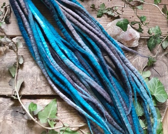 Set Of 20 Double Ended DREADLOCKS Blue Grey Forest Hand Dyed DE Dreads Felted Wool Dreadlock Extensions Dread Mermaid Elf Fae Felt