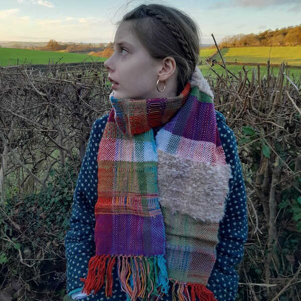 Handwoven Scarf By Elfie Pattern Woven Rainbow Wrap Red Blue Green Pink Weaving Shawl Scarf Blanket Wool Recycled Fiber Art Autumn Winter