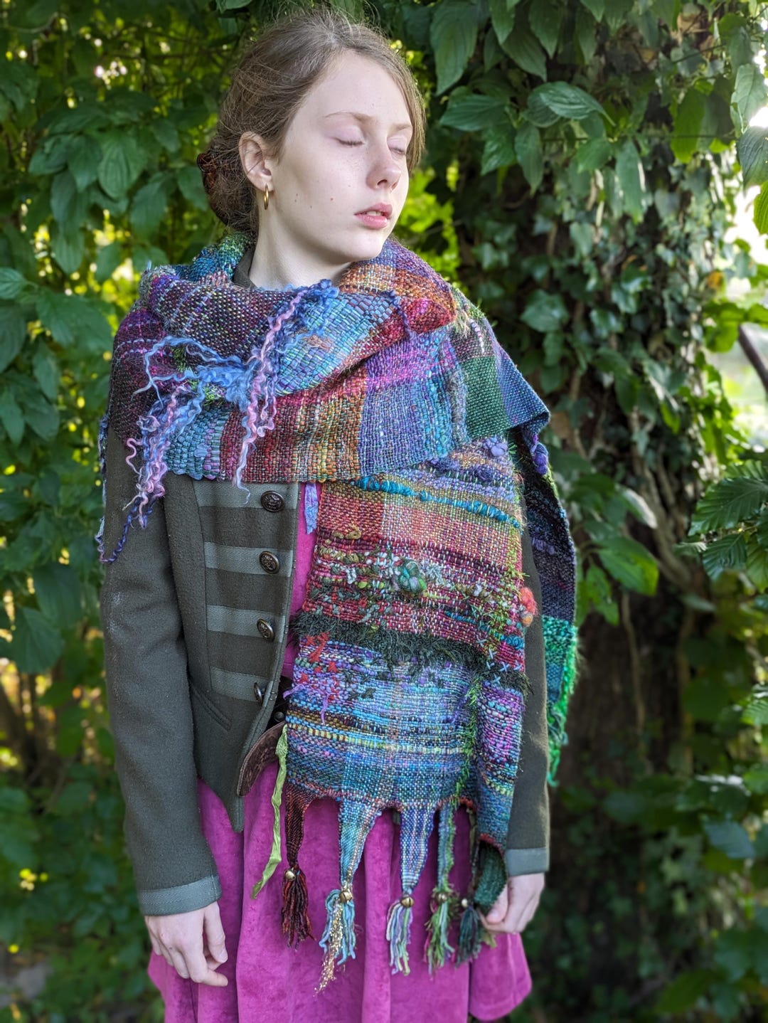 Handwoven Shawl Rainbow Jester Wrap Handspun Art Yarn Bells