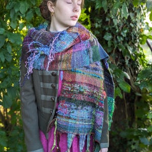 Handwoven Shawl Rainbow Jester Wrap Handspun Art Yarn Bells Weaving Hand Dyed Woven Blanket Tartan Plaid Wool Fiber Art Autumn Loom Weaving