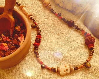 Red Lunar Beaded Necklace Moon Jewelry Bohemian Artisan Jewellery Red Beads Bone Wood Glass Natural Primitive Boho Skull Beads