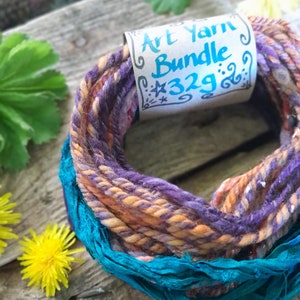 Art Yarn Bundle Bulky Handspun Hand Dyed Yarns Recycled Sari Ribbon Weaving Wool Tapestry Saori Fiber Art Fibre Crochet Knitting Felting