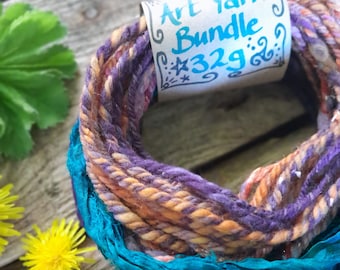 Art Yarn Bundle Bulky Handspun Hand Dyed Yarns Recycled Sari Ribbon Weaving Wool Tapestry Saori Fiber Art Fibre Crochet Knitting Felting