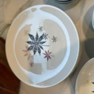 May include: A stack of vintage ceramic plates with a cream-colored rim and a central design of stylized leaves in shades of blue, pink, and yellow. The plates have a diameter of approximately 10 inches.