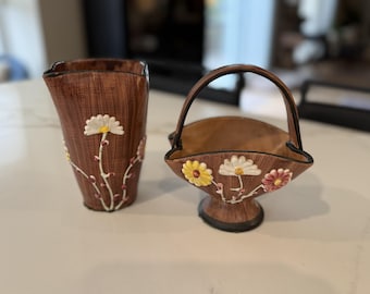 Vintage Hand Painted Italian Pottery Vases - Brown Floral Basket and Vase