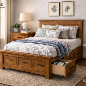 Puede incluir: Una cama de madera con tres cajones, cabecero y piecero. La cama es de madera marrón claro y tiene un colchón con ropa de cama con estampado floral. Un cajón está abierto, revelando su contenido. Una mesita de noche con una lámpara y una planta está al lado de la cama.