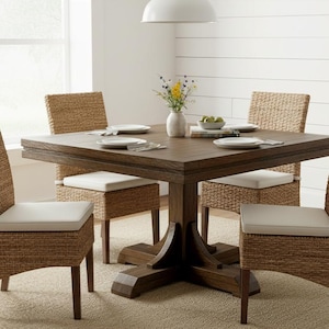 May include: A square wooden dining table with four woven chairs. The table is dark brown with a pedestal base. Each chair has a woven back and seat, with a cream-colored cushion. A vase of flowers sits on the table.