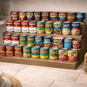 Puede incluir: Una estantería de madera escalonada exhibe una variedad de conservas, incluyendo sopa de tomate, chili y frijoles. Las latas están dispuestas ordenadamente, mostrando marcas como Hunt's, Campbell's y Spam.