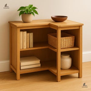 May include: A light oak corner bookshelf with multiple shelves. It features a small potted plant, a wooden bowl, a woven basket, a ceramic jar, and a stack of books. The shelves are filled with decorative items.