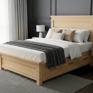 Puede incluir: Una cama de madera de color claro con cabecero, cajones y un colchón cubierto con ropa de cama blanca y una manta gris. La cama está en una habitación bien iluminada con una alfombra y cortinas grises.