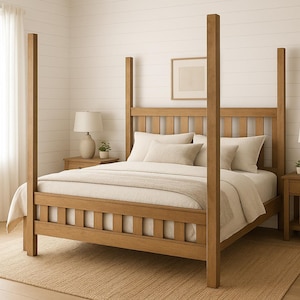 Classic Farmhouse Beauty Standard King Slatted Four Post Bed PDF Build Plans