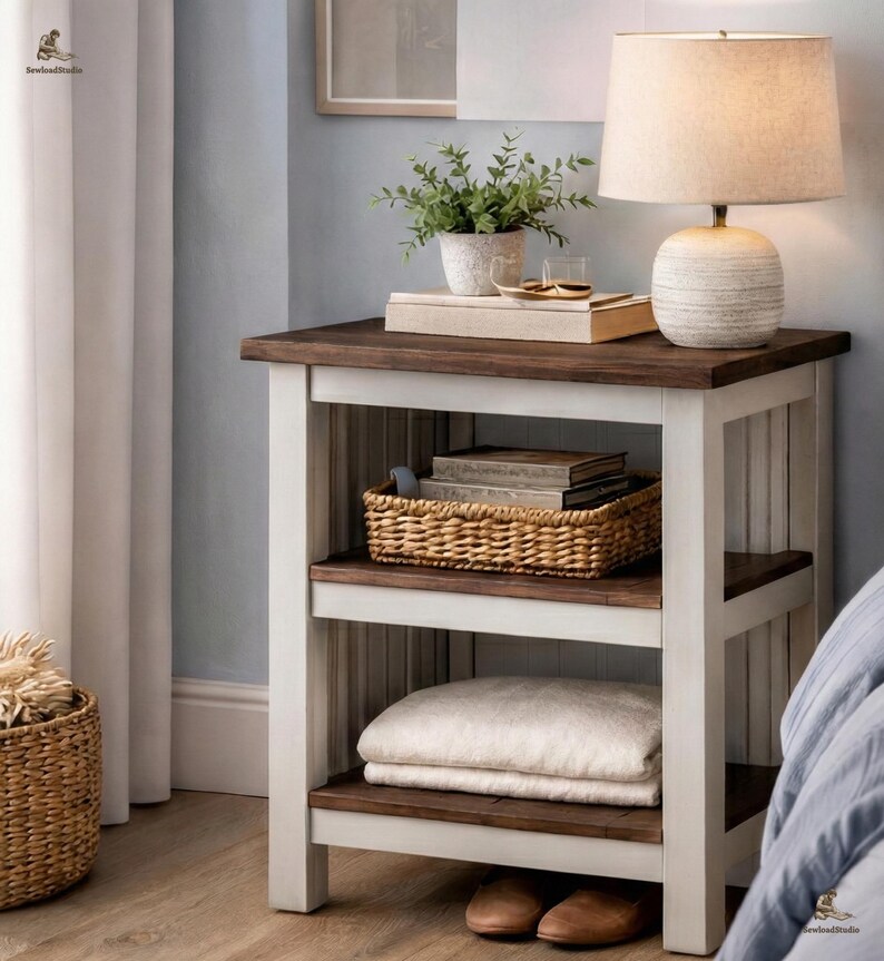 Planked Nightstand Plans | Bedside Table With Open Shelves | Rustic ...