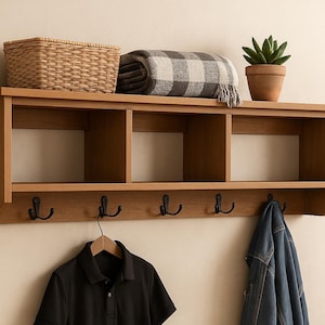 May include: Wooden wall shelf with three compartments, featuring black hooks below. A woven basket, a plaid blanket, and a potted plant sit on top. A black polo shirt hangs from one of the hooks, and a denim jacket hangs from another.
