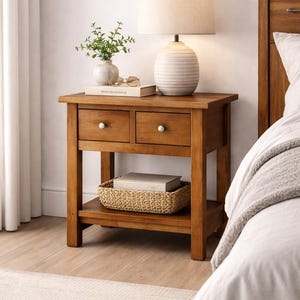 May include: A wooden nightstand with two drawers and a lower shelf. A woven basket and books sit on the shelf. A lamp with a beige shade and a decorative base sits on top, along with a vase of greenery and a book. The nightstand is next to a bed.