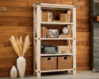 DIY Rustic X-Brace Bookshelf Plans | Farmhouse Shelving Unit (PDF Digital Download)
