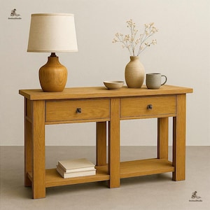 Op de afbeelding: Een lichte eikenhouten console met twee lades, een onderste plank en een lamp met een beige kap. Een vaas met bloemen, een kleine kom en een mok staan op de tafel. De tafel is 122 cm lang.