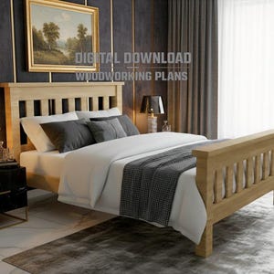 Puede incluir: Una estructura de cama de madera de color claro con cabecero y piecero. La cama está hecha con ropa de cama blanca, almohadas grises y una manta gris. Una mesita de noche de mármol negro con base dorada y una lámpara están junto a la cama. El texto "DIGITAL DOWNLOAD WOODWORKING PLANS" es visible.