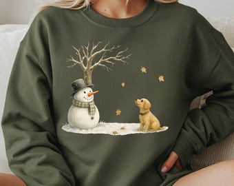 Sneeuwpop en hond kersttrui, winter sneeuw puppy trui, leuke vakantie ronde hals, gezellig kerstcadeau voor vrouwen, sneeuwpop shirt