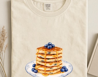Blaubeer-Pfannkuchen-Hemd, Weinlese-französischer Teller-Frühstücks-T-Stück, nettes Feinschmecker-Hemd, Komfort-Farben ästhetisches T-Stück, Brunch-Liebhaber-Geschenk