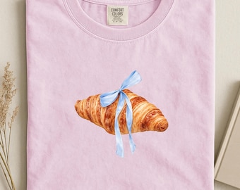 Croissant Shirt with Blue Bow, French Bakery Graphic Tee, Paris Aesthetic Sweatshirt, Cute Food Lover Gift, Minimal Art Shirt