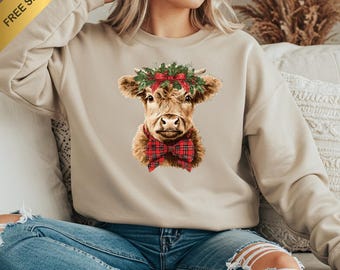 Sudadera navideña de vaca, Camiseta de vaca escocesa, Sudadera navideña moderna de vaca escocesa, Regalo para amantes de las vacas, Sudadera navideña con capucha de granja, Camiseta navideña