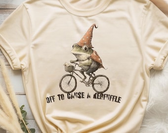 Vintage Frog on Bicycle Shirt, Whimsical Wizard Frog Tee, Cottagecore Animal Sweatshirt, Funny Kerfuffle T-Shirt, Retro Magic Gift