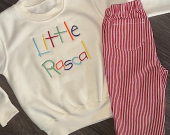 Uniseks geborduurde kleine boef, trui met veelkleurige slogan voor peuters, handgemaakte, coole babymode