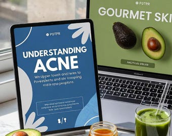 May include: A still life image with a tablet and laptop showing health-related content. The tablet displays "Understanding Acne", the laptop shows "Gourmet Skin". Also includes oatmeal, avocado, honey, turmeric, and a green juice.