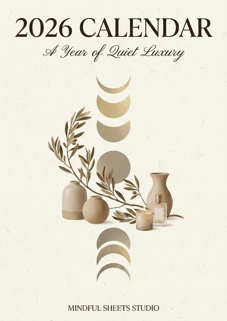 May include: A 2026 calendar with the text "A Year of Quiet Luxury." The image shows beige vases, a candle, and a perfume bottle, with a branch of leaves and crescent moon shapes. The words "Mindful Sheets Studio" are at the bottom.
