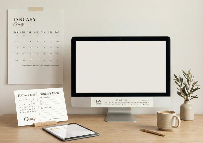 May include: A desk scene with a computer, tablet, mug, and pen. A wall calendar and a desk calendar are visible, both marked "January Clarity". A small vase with greenery is also present. The desk is made of wood.