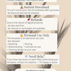 May include: A digital product policy document on a beige background, detailing instant downloads, refunds, and personal use terms. The text includes "Need Help?" and the seller's studio name. The document is designed for digital products.