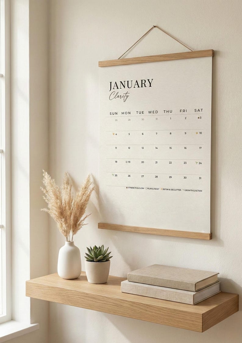 May include: A minimalist wall calendar for January, with the word "Clarity" in cursive. The calendar is suspended by a wooden rod and a string. A wooden shelf below holds a vase with dried flowers, a small potted succulent, and two books.