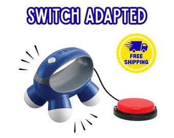 May include: A blue and grey handheld massager with the text SWITCH ADAPTED above it. The massager features three white rounded nodes and is connected by a black cord to a circular red button switch on a black base, with motion lines around it.