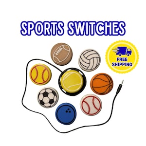 May include: A collection of sports-themed switches, including a football, volleyball, softball, soccer ball, bowling ball, baseball, basketball, and tennis ball. The text "SPORTS SWITCHES" is displayed above the switches.