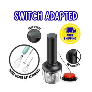 May include: A black switch-adapted electric food chopper with a clear bowl and three interchangeable mixer attachments. The device features four speed settings, a rechargeable battery, and a red external push-button switch for operation.