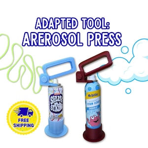 May include: Two aerosol press tools, one light blue and one dark red, designed to attach to spray cans. The light blue tool is attached to a Silly String can, and the dark red tool is attached to a Mr. Bubble Blueberry Foam Soap can. Text reads ADAPTED TOOL: AREROSOL PRESS.