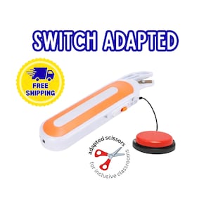 Può includere: Un paio di forbici elettriche adattate con interruttore, di colore bianco e arancione, dotate di un pulsante circolare rosso collegato. Il dispositivo riporta la scritta SWITCH ADAPTED in alto e adapted scissors for inclusive classrooms al centro.