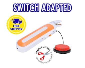 May include: A white and orange switch-adapted electric scissor tool with a connected red circular push-button switch. The device features the text SWITCH ADAPTED at the top and adapted scissors for inclusive classrooms text near the center.