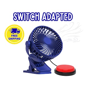 May include: A blue portable clip-on fan with a circular head and a black cord connected to a round red push-button switch. The text "SWITCH ADAPTED" is displayed in blue letters above the fan, and a yellow circular icon is present.